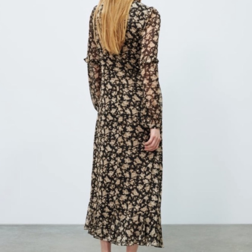 NEW! ZARA New Woman Midi Dress Floral Ruffled Lined Black Cream Size Medium - Picture 7 of 11